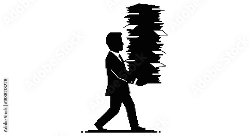 workload burden on a businessman carrying an immense towering stack of paper documents illustrating overwhelming bureaucracy and administrative tasks in a corporate environment for business concepts.