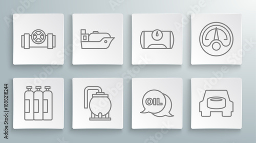 Set line Industrial gas cylinder tank, Oil tanker ship, storage, Word oil, Spare wheel the car, Gas for vehicle, Motor gauge and Metallic pipes and valve icon. Vector