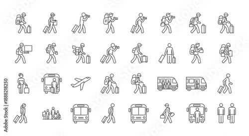 travel icons set depicting diverse travelers with luggage and transportation modes for ui design apps and infographic presentations.