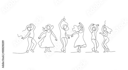 continuous line drawing dancing women in a minimalist abstract style conveying joy and freedom ideal for marketing design elements.