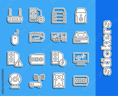 Set line Hard disk drive HDD, Computer monitor screen, Optical disc, Server, Data, Web Hosting, Video graphic card, mouse, Router and wi-fi signal and icon. Vector