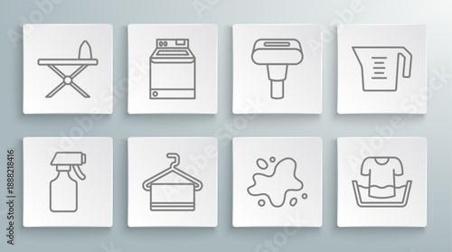 Set line Water spray bottle, Washer, Towel on hanger, spill, Basin with shirt, Garment steamer, Measuring cup and Iron and ironing board icon. Vector