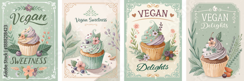 Colorful vegan dessert illustrations featuring stylish cupcakes with floral designs.