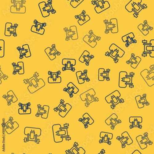 Blue line Bench with barbel icon isolated seamless pattern on yellow background. Gym equipment. Bodybuilding, powerlifting, fitness concept. Vector