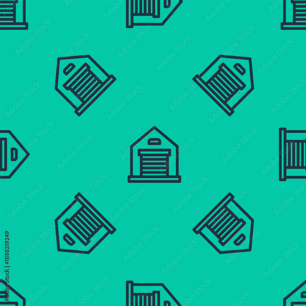Fototapeta premium Blue line Warehouse icon isolated seamless pattern on green background. Vector