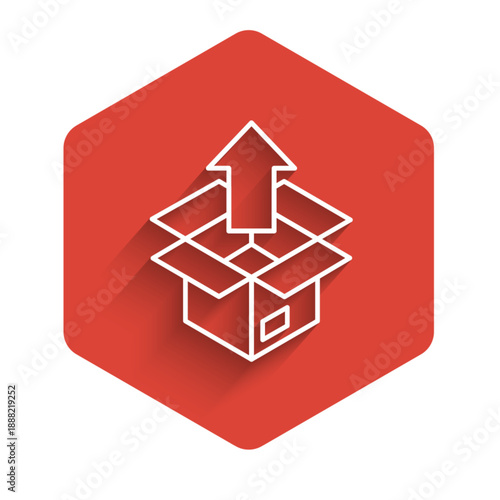 White line Unboxing icon isolated with long shadow background. Red hexagon button. Vector