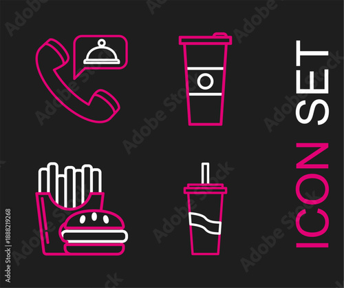 Set line Paper glass with drinking straw and water, Burger french fries carton package box, and Food ordering icon. Vector