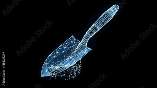 a garden trowel and soil rendered in a futuristic glowing plexus wireframe style. This high-tech agricultural vector represents the fusion of traditional gardening, soil science, and digital cultivati
