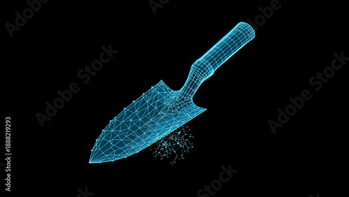 a garden trowel and soil rendered in a futuristic glowing plexus wireframe style. This high-tech agricultural vector represents the fusion of traditional gardening, soil science, and digital cultivati