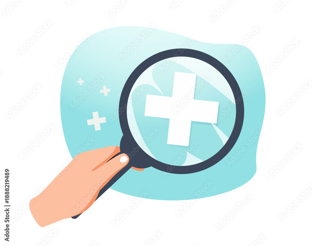 Obraz premium Medical health care insurance concept vector illustration. Hand holding magnifying glass and health icons, protection