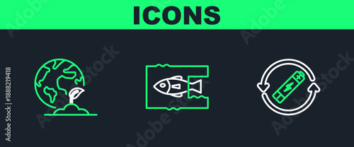 Set line Battery with recycle symbol line, Earth globe and plant and Stop ocean plastic pollution icon. Vector