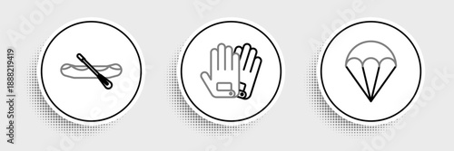 Set line Parachute, Rafting boat and Gloves icon. Vector
