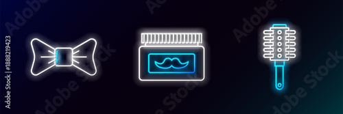 Set line Hairbrush, Bow tie and Cream or lotion cosmetic jar icon. Glowing neon. Vector