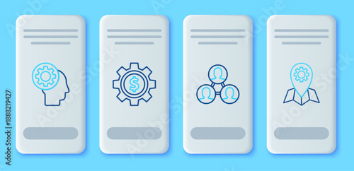 Set line Gear with dollar symbol, Project team base, Human head gear inside and Location job icon. Vector