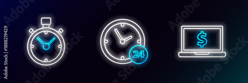 Set line Laptop with dollar symbol, Stopwatch and Clock 24 hours icon. Glowing neon. Vector