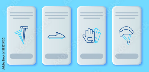 Set line Jet ski, Gloves, Pegs for tents and Bicycle helmet icon. Vector