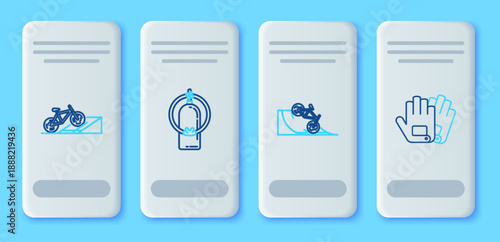 Set line Aqualung, Bicycle on street ramp, and Gloves icon. Vector