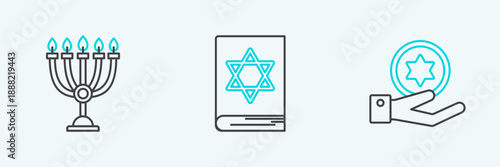 Set line Jewish coin on hand, Hanukkah menorah and torah book icon. Vector