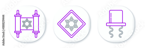 Set line Orthodox jewish hat with sidelocks, Torah scroll and Star of David icon. Vector