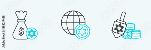 Set line Hanukkah dreidel and coin, Jewish money bag with star of david and World Globe Israel icon. Vector