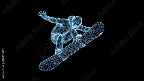 a snowboarder in mid-air, rendered in a futuristic glowing plexus wireframe style. This high-tech sports vector represents the fusion of extreme athletics and digital technology.