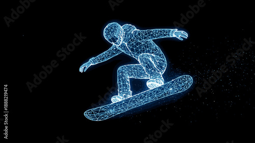 a snowboarder in mid-air, rendered in a futuristic glowing plexus wireframe style. This high-tech sports vector represents the fusion of extreme athletics and digital technology.