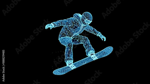 a snowboarder in mid-air, rendered in a futuristic glowing plexus wireframe style. This high-tech sports vector represents the fusion of extreme athletics and digital technology.