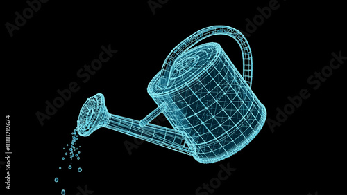 a gardening watering can rendered in a futuristic glowing plexus wireframe style. This high-tech botanical vector represents the fusion of traditional gardening and smart agriculture technology.
