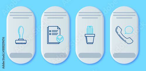 Set line Document and check mark, Cactus succulent in pot, Stamp and Telephone handset speech bubble chat icon. Vector