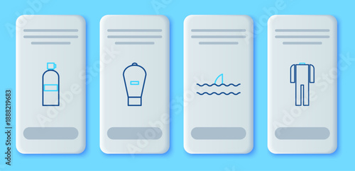 Set line Lift bag, Shark fin in ocean wave, Aqualung and Wetsuit for scuba diving icon. Vector