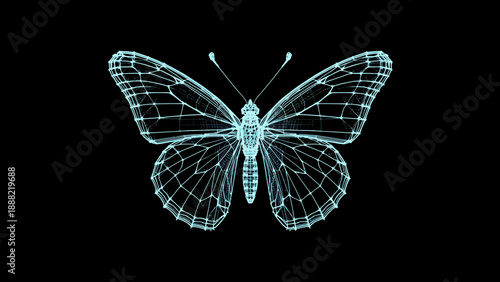 a spring butterfly rendered in a futuristic 3D wireframe plexus style. This high-tech biological vector symbolizes transformation, renewal, and the intersection of nature with artificial intelligence.