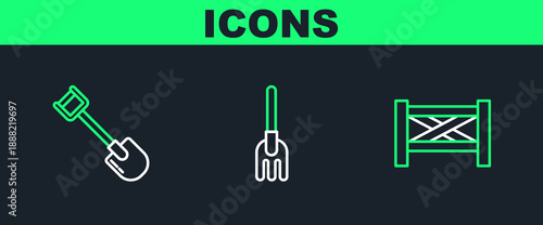 Set line Garden fence wooden, Shovel and rake icon. Vector