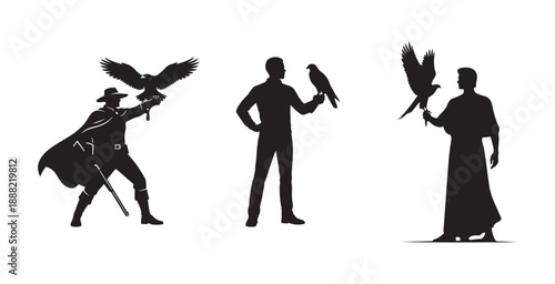 People with falcon and eagle silhouette vector set
