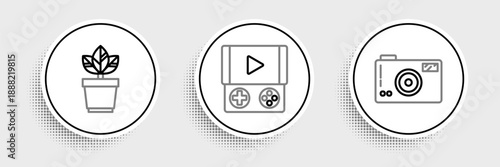 Set line Photo camera, Flowers in pot and Portable video game console icon. Vector