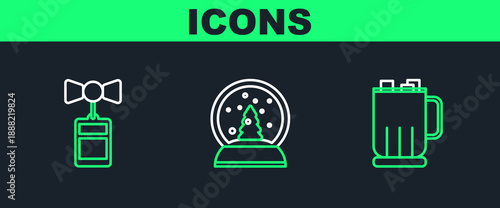 Set line Hot chocolate cup with marshmallows, Price tag an inscription Sale and Christmas snow globe icon. Vector