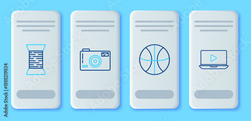 Set line Photo camera, Basketball ball, Sewing thread on spool and Online play video icon. Vector