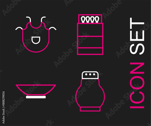 Set line Salt and pepper, Bowl, Open matchbox matches and Kitchen apron icon. Vector