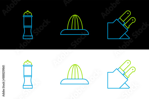 Set line Knife, Pepper and Citrus fruit juicer icon. Vector