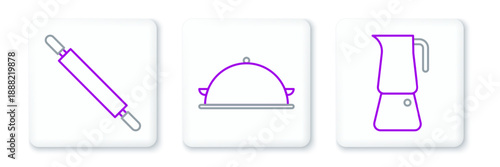 Set line Moka pot, Rolling pin and Covered with tray of food icon. Vector