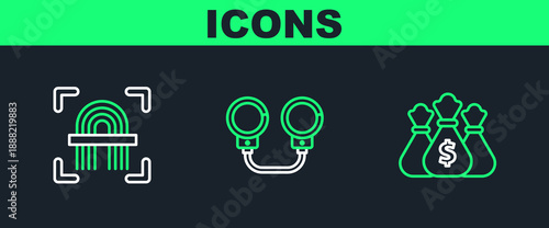Set line Money bag, Fingerprint and Handcuffs icon. Vector
