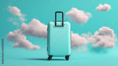 Minimal Travel Concept with Light Blue Suitcase and Floating Clouds on Turquoise Background Symbolizing Vacation, Tourism, Freedom, Journey and Modern Lifestyle Design