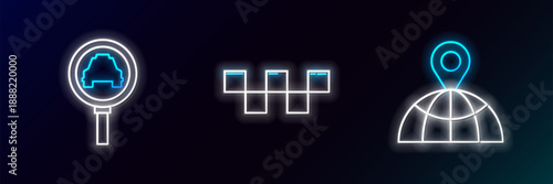 Set line Location on the globe, Magnifying glass and taxi car and Taxi roof icon. Glowing neon. Vector