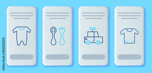 Set line Baby cutlery with fork and spoon, Toy car, clothes and onesie icon. Vector