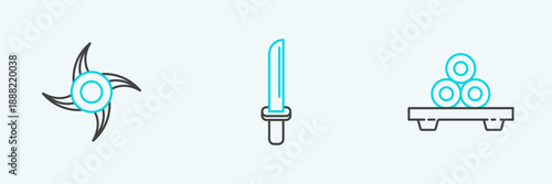 Set line Sushi on cutting board, Japanese ninja shuriken and katana icon. Vector