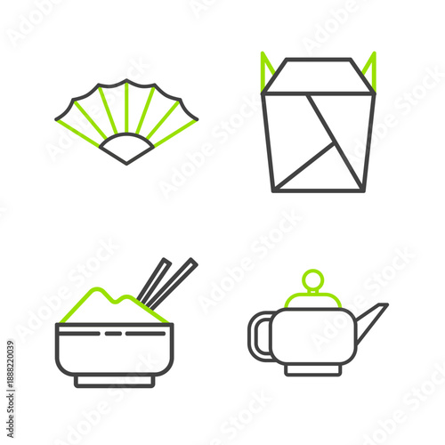 Set line Japanese tea ceremony, Rice in bowl with chopstick, Rstaurant opened take out box filled and Paper chinese or japanese folding fan icon. Vector