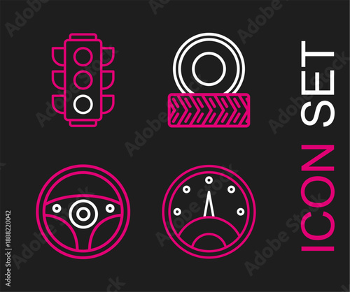 Set line Speedometer, Steering wheel, Car and Traffic light icon. Vector
