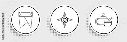 Set line Japanese tea ceremony, Rstaurant opened take out box filled and ninja shuriken icon. Vector
