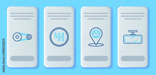 Set line Gear shifter, Car service, Timing belt kit and mirror icon. Vector