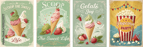 Colorful vintage ice cream illustrations with strawberries, perfect for summer vibes.