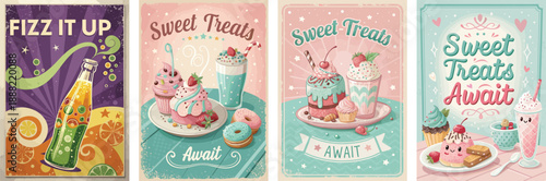 Colorful vintage illustrations of sweet treats and fizzy drinks in playful designs.